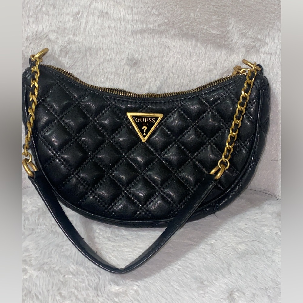 GUESS Black Quilted Crescent Shoulder Bag with Gold Accents